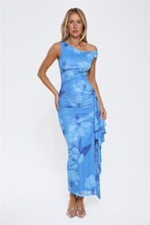 Ocean Bloom One Shoulder Mesh Maxi Dress Blue