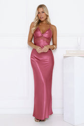 Satin Lace Twist Front Crisscross Maxi Dress Berry