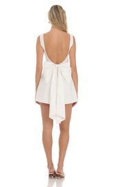 High Neck Back Bow Dress In White