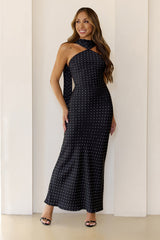 Orchid Dusk Polka Dot Satin Maxi Dress Black