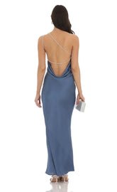 One Shoulder Pearl Satin Maxi Dress In Slate Blue