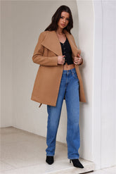 French Winter Wide Collar Wrap Coat Tan