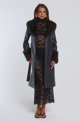 The Front Row Belted Faux Leather Fur Coat Black