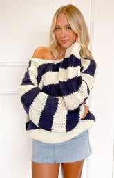 Navy Striped Chunky Knit Sweater