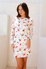 Space Flowers Long Sleeve Mini Dress Cream