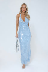 Oceanic Sequin Halter Maxi Dress Blue