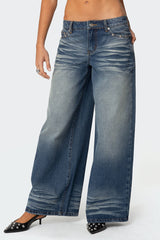 Faux Leather Pocket Low Rise Baggy Jeans