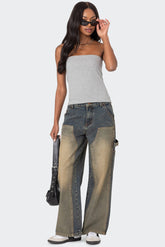 Contrast Panel Washed Mid Rise Baggy Jeans