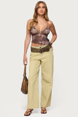 Embroidered Asymmetric Printed Mesh Top