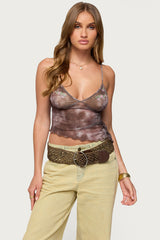 Embroidered Asymmetric Printed Mesh Top