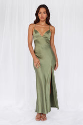 HELLO MOLLY The Sophia Satin Maxi Dress Olive
