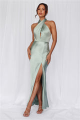 HELLO MOLLY The Adeline Halter Satin Maxi Dress Sage