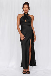 HELLO MOLLY The Adeline Halter Satin Maxi Dress Black