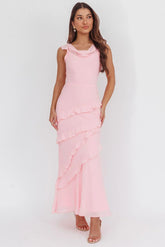 Sangria Cowl Neck Frill Maxi Dress Skin Powder