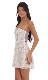 Floral Sequin Strapless Fit and Flare Dress in White