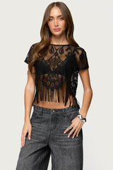Kira Sheer Lace Fringe Top