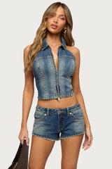 Gaya Backless Zip Up Denim Top