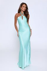 Rule Her World Halter Satin Maxi Dress Aqua
