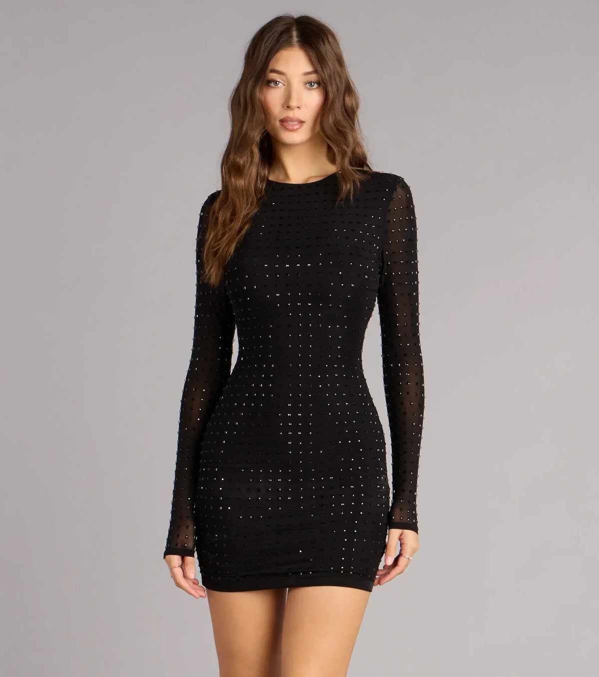 Sleek Impact Rhinestone Sheer Mesh Mini Dress