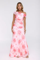 Florals Like You Off Shoulder Mesh Maxi Dress Pink