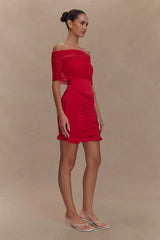 Caspian Slinky And Mesh Off Shoulder Mini Dress - Ruby