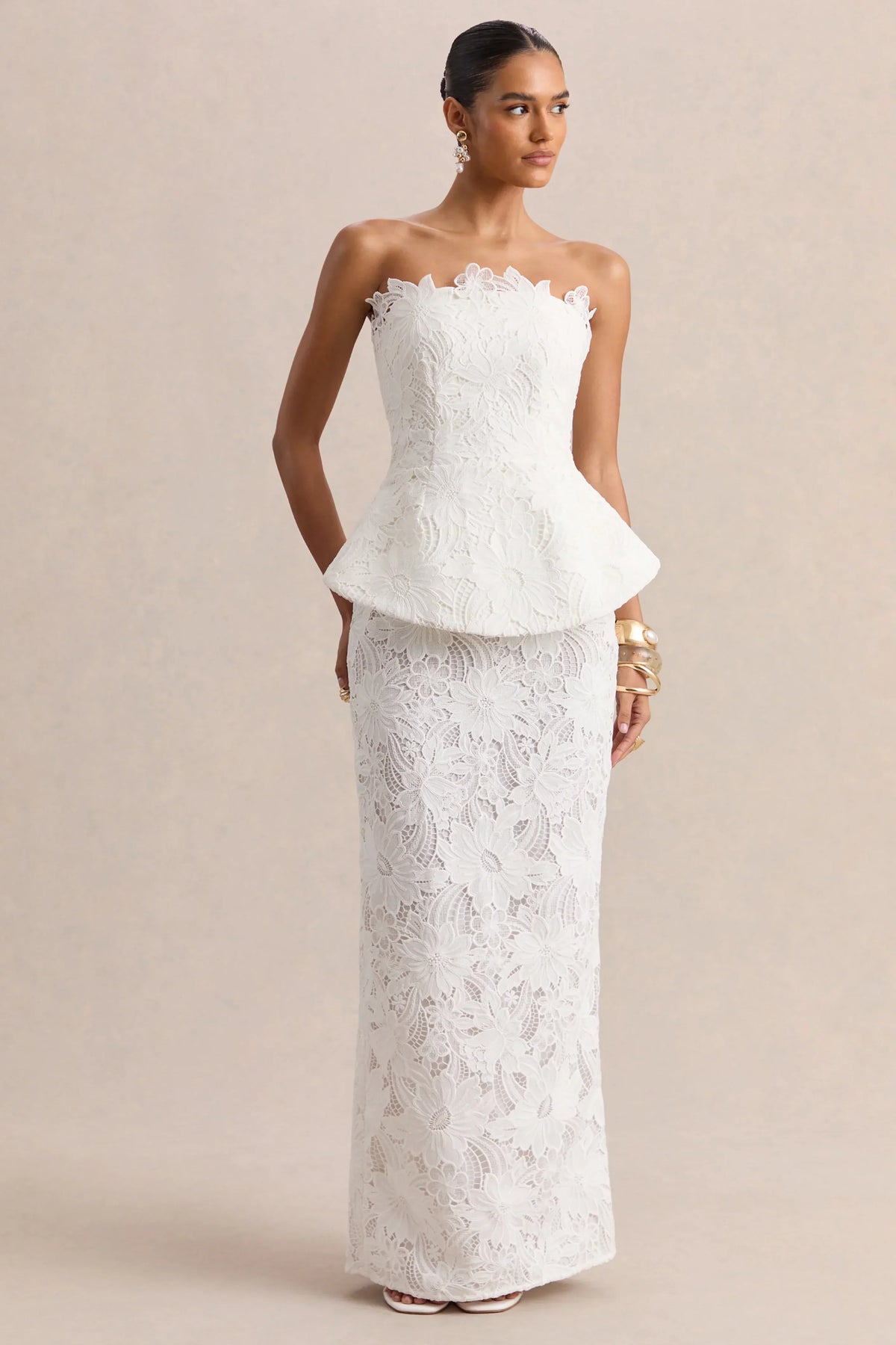 Delvine | White Lace Bandeau Corset Maxi Dress