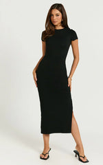 Elaine Midi Dress - Short Sleeve Slim Fit Bodycon Dress in Black