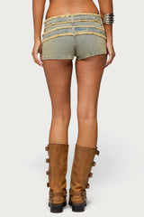 Alyza Distressed Belt Washed Denim Micro Shorts
