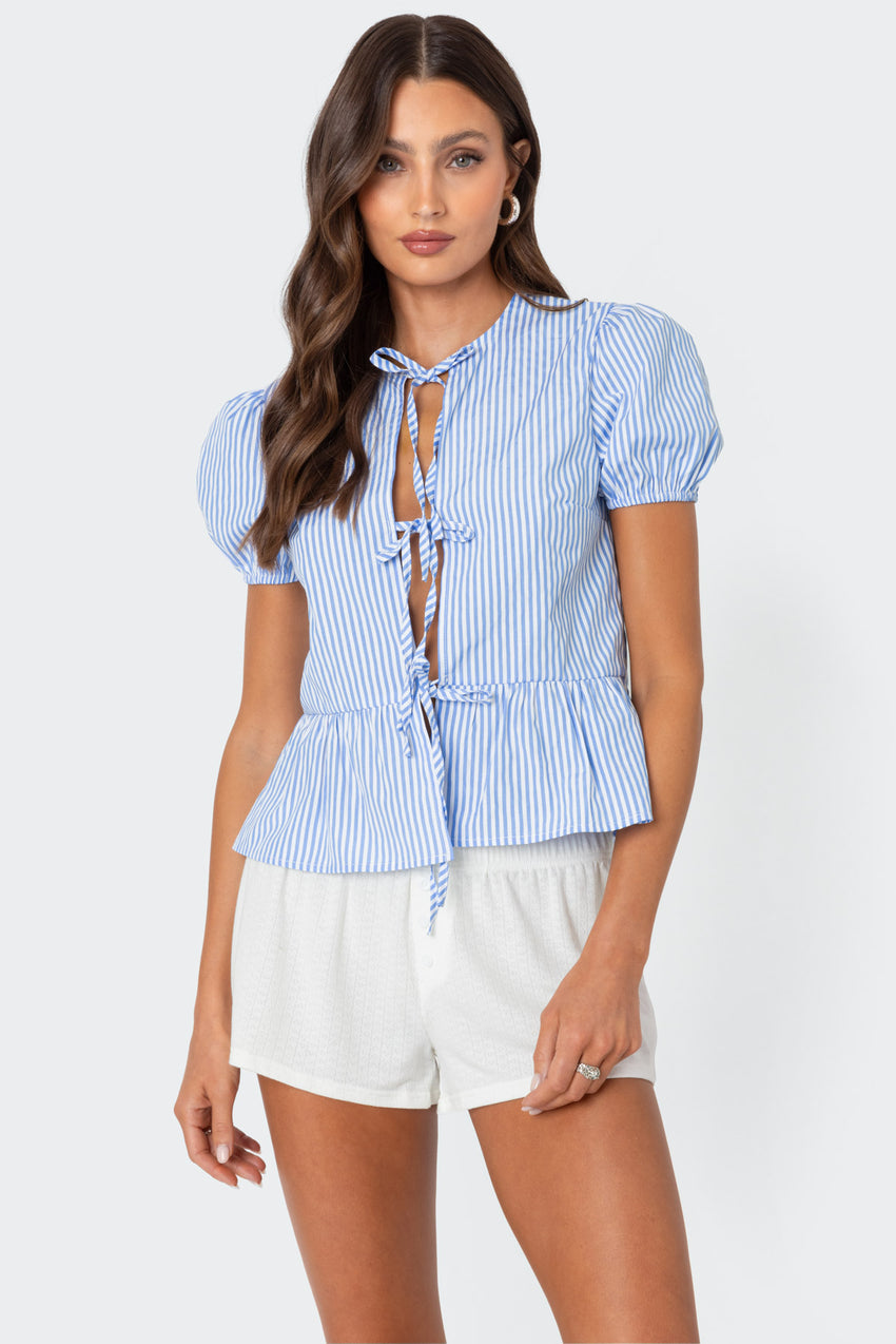 Puffed Sleeve Tie Front Top