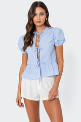 Puffed Sleeve Tie Front Top