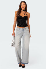 Distressed Hem Low Rise Baggy Jeans