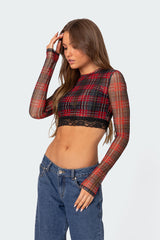Noel Plaid Printed Mesh Crop Top