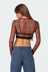 Noel Plaid Printed Mesh Crop Top