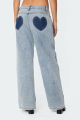 Contrast Heart Washed Low Rise Baggy Jeans