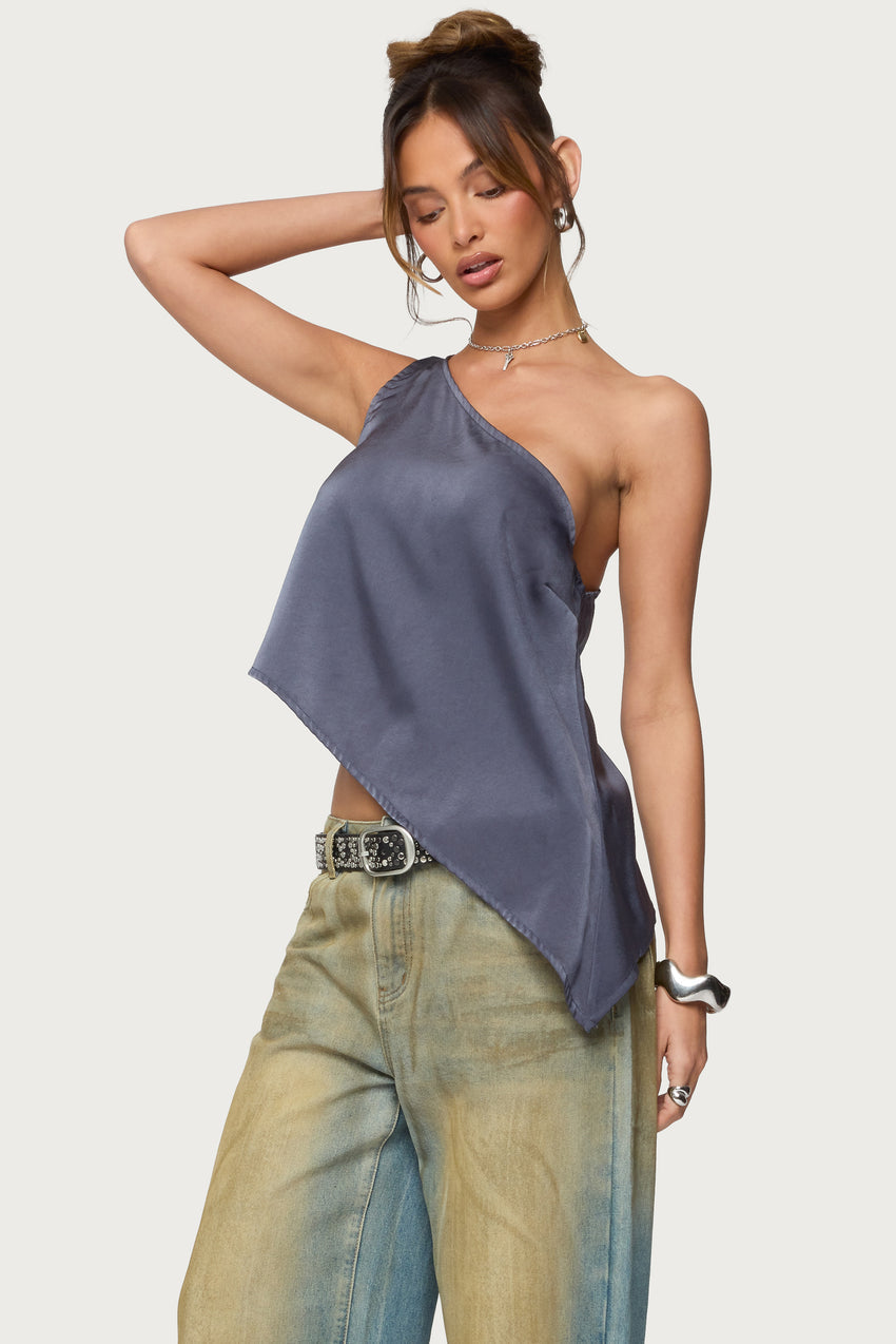 Asymmetric Satin Effect One Shoulder Top
