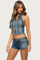 Gaya Backless Zip Up Denim Top