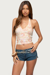 Catia Backless Sequin Mesh Halter Top